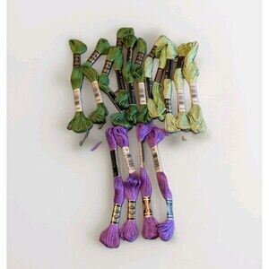 DMC Cotton Embroidery Floss Thread Lot of 15 Skeins Purple Green